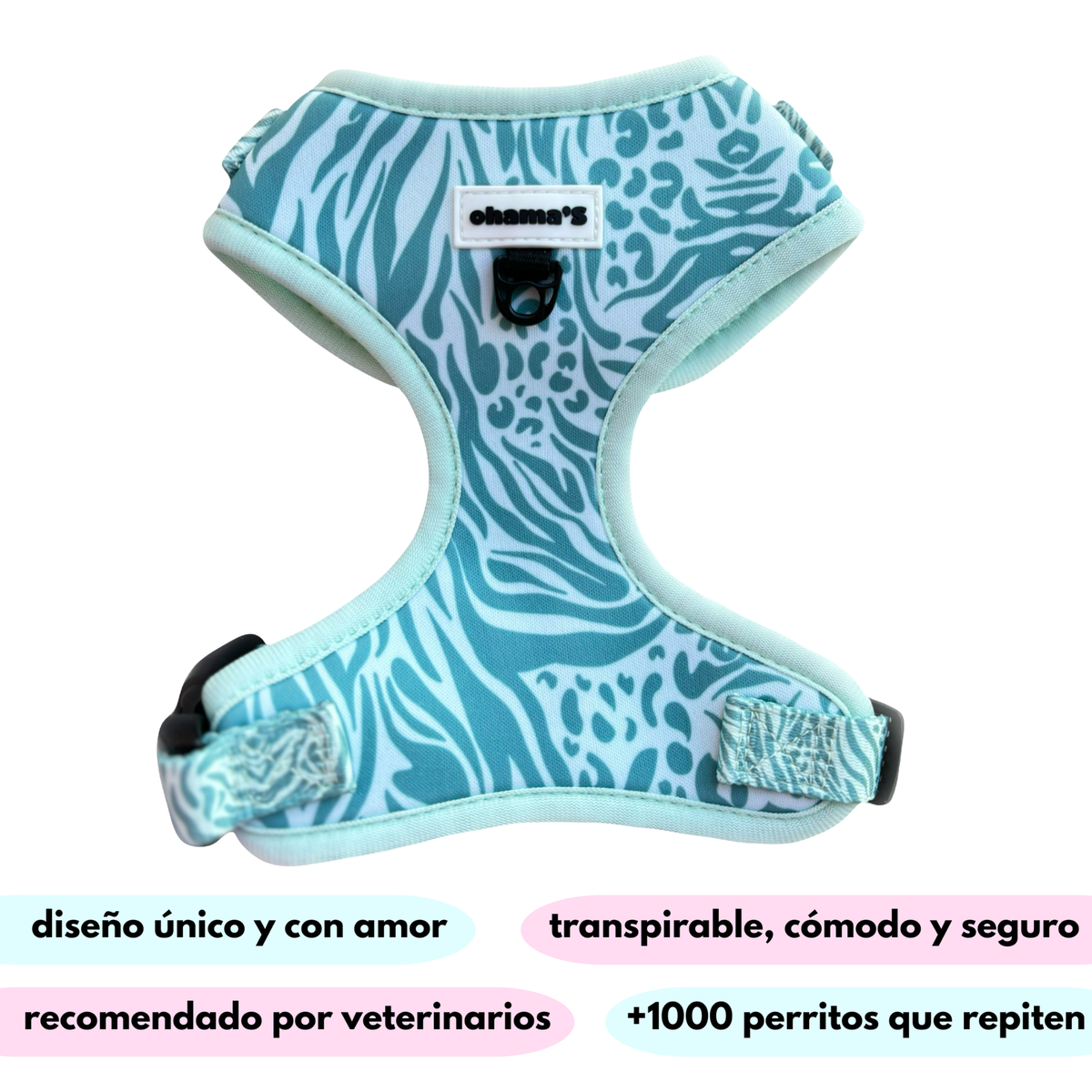 Arnés turquesa con estampado de cebra y leopardo